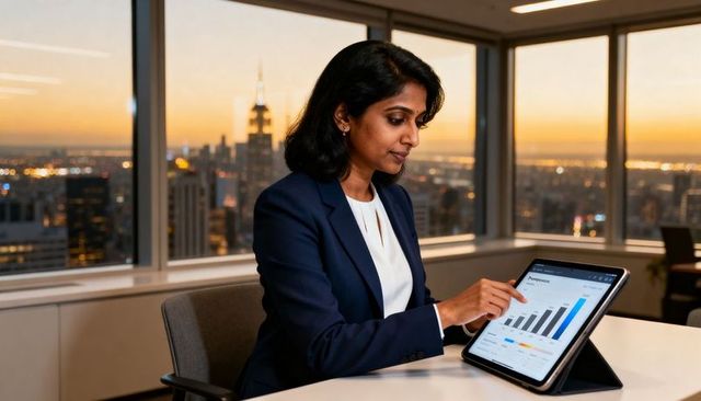 Indian executive reviewing tablet analytics at sunset city skyline in modern office