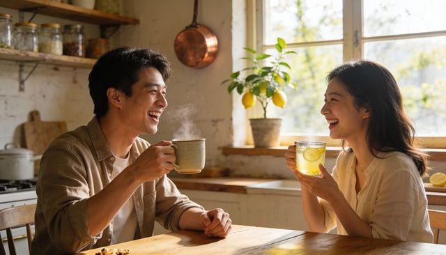 Laughing couple enjoying morning drinks in sunlit rustic kitchen with potted lemon