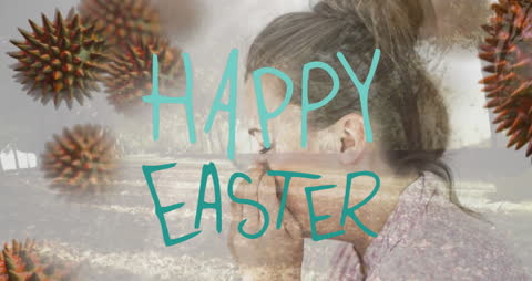 Joyful Easter Greeting with Woman and Atmospheric Background