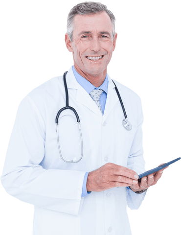 Smiling Mature Doctor Using Digital Tablet on Transparent Background - Download Free Stock Videos Pikwizard.com