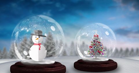 Whimsical Snowman and Christmas Tree Snow Globes in Winter Wonderland