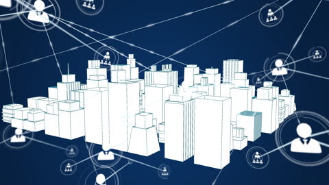 Digital Cityscape with Networked Profile Icons