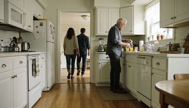 Senior man pouring orange juice in bright white kitchen while adult couple walks away