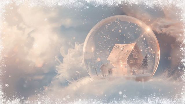 Glowing glass snow globe resting on snowy mound with lit cottage under pastel sky