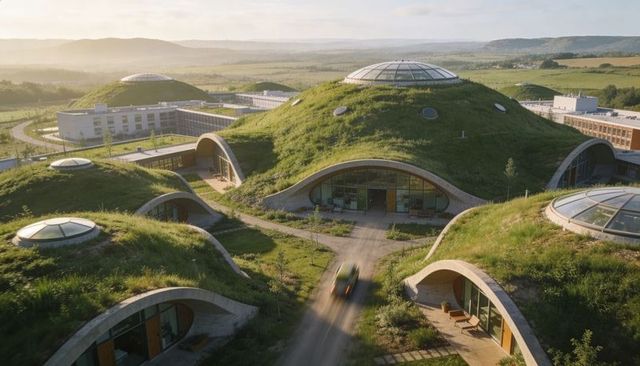 Sustainable campus featuring green-roof domes with glass cupolas blending into meadow