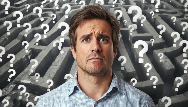 Confused man contemplating complex maze of thoughts
