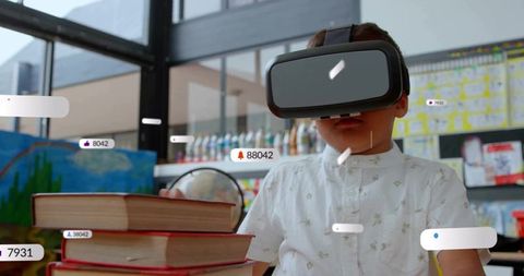 Boy wearing vr headset immersed in augmented classroom learning