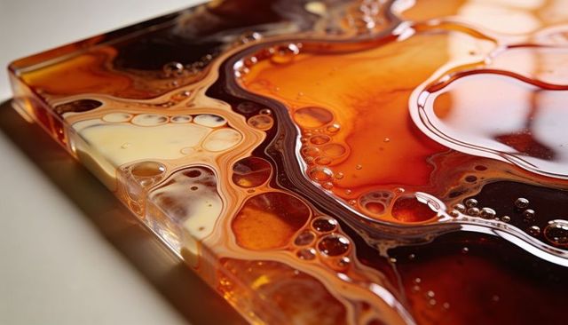Glowing amber epoxy resin panel featuring marbled cells, bubbles and fluid abstract