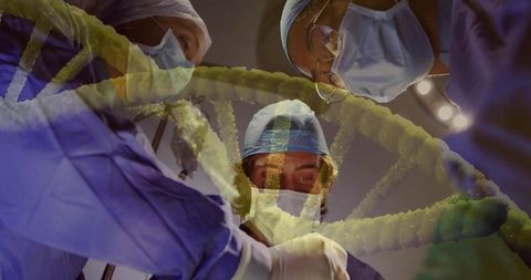 Surgical team performing operation with DNA double helix overlay for genetic medicine