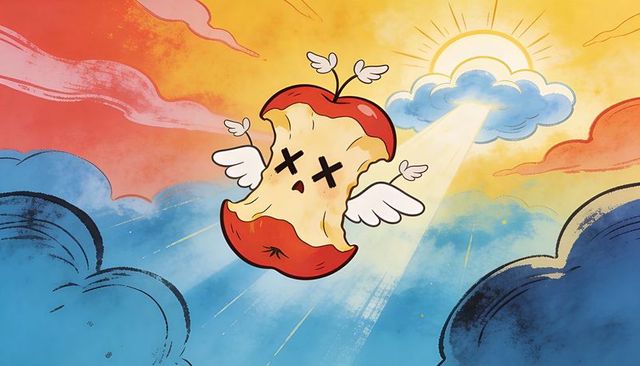 Winged apple core soaring toward sunbeams whimsical surreal fruit illustration