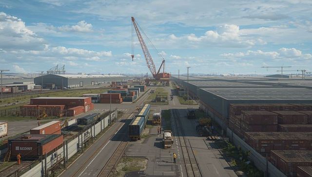 Gantry crane lifting containers at busy intermodal terminal with freight wagons and workers