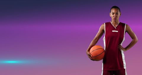 Female Basketball Player Holding Ball with Pink Gradient Background
