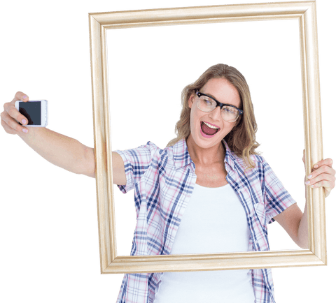 Transparent Hipster Woman Taking Fun Selfie with Frame
