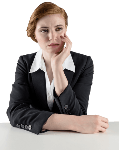 Serious Caucasian Businesswoman Sitting on Transparent Background