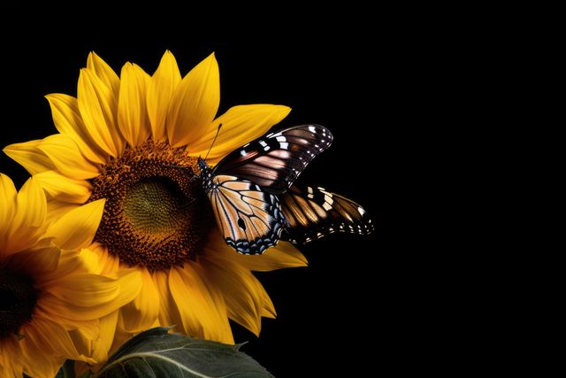 Elegant butterfly resting on a sunflower, creating a striking contrast against a black background. Perfect for themes of nature, beauty, pollination, and summer. Suited for websites, advertisements, educational materials, and decor focusing on natural beauty and gardening.