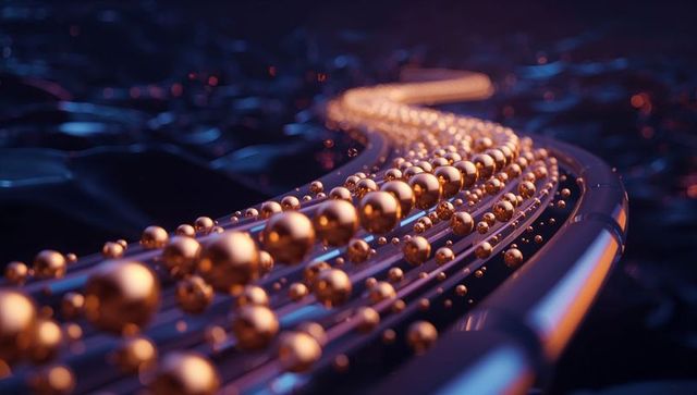 Gliding winding strand of golden spheres rolling along curved rails with luminous bokeh