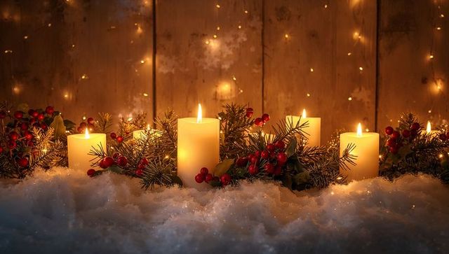 Warm Christmas Candlelight Centerpiece Ivory Pillar Candles, Pine Sprigs and Red Berries