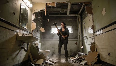 Woman demolishing tiled bathroom with sledgehammer during gritty renovation scene