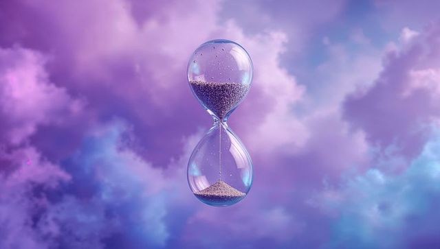 Floating Hourglass with Purple Sand Against Ethereal Sky