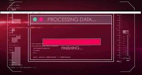 Futuristic Magenta Data Processing Interface Showing Progress Bar and Analytics HUD