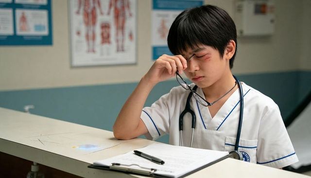 Young healthcare trainee rubbing bruised eye while holding glasses at clinic desk