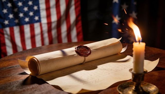 Sealed antique parchment scroll resting with wax seal and twine, candlelight beside us flag