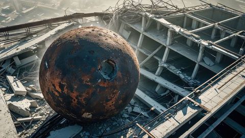 Large rusted wrecking ball on a decaying rooftop