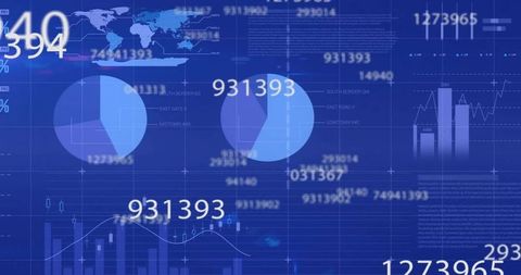 Blue Analytics Dashboard Showing Pie Chart 931393, Line Chart, Candlesticks and Global Map