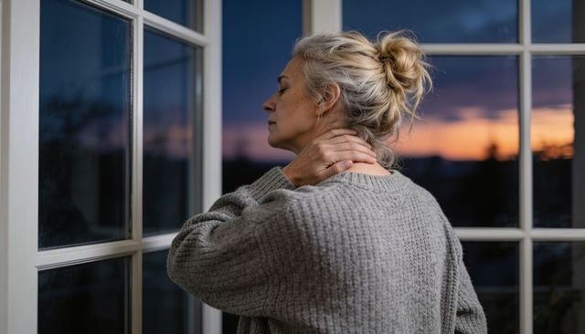 Senior woman gazing through window at dusk wearing chunky grey sweater, quiet contemplation