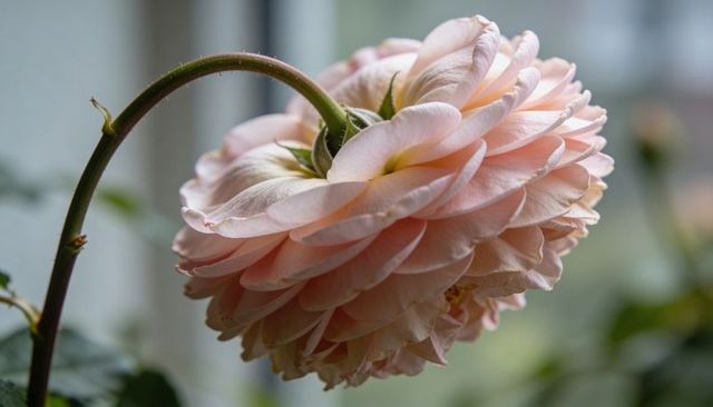 Drooping pale peach double-petaled rose macro backlit translucent petal details curved thorned stem