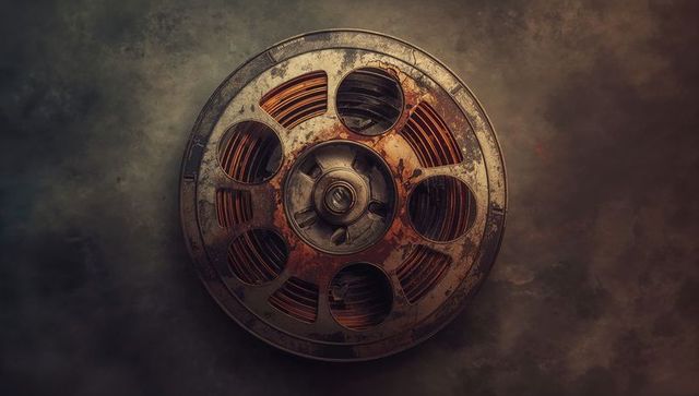 Vintage film reel on rustic surface under artistic lighting