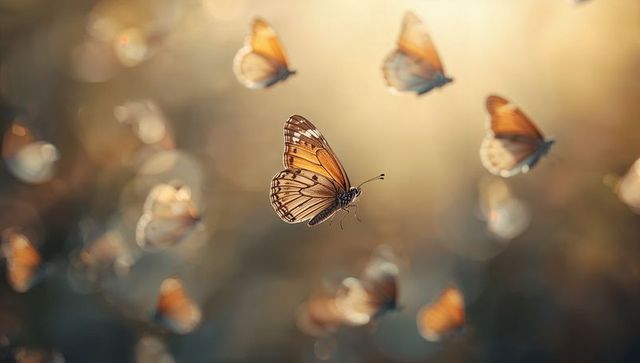 Golden monarch butterflies fluttering at sunrise with soft bokeh and warm glow