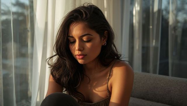 Sunlit contemplative woman sitting on sofa gazing down at golden hour interior portrait