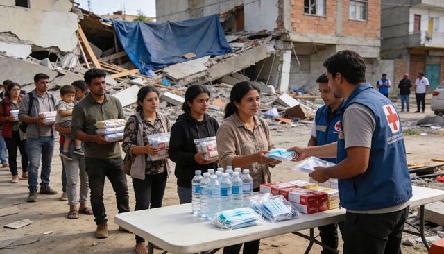 Relief worker distributing masks and water to residents amid collapsed buildings