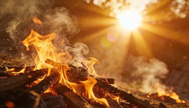 Campfire burning on stacked logs with sunbeams, smoke plumes and golden embers