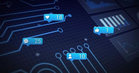 Floating Social Media Notification Badges Over Neon Data Analytics Grid Displaying Metrics