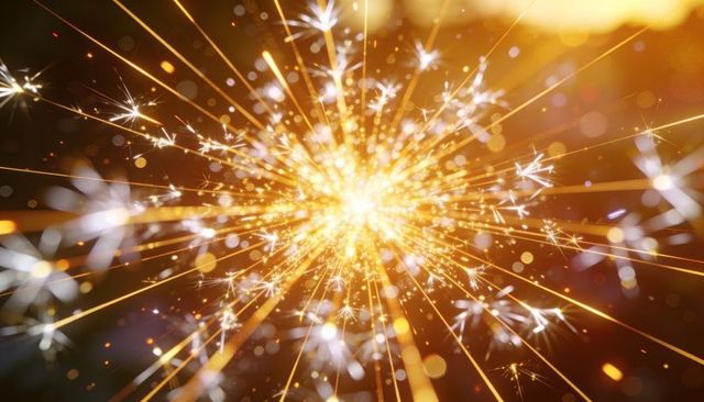 Golden sparkler burst with radiant bokeh, festive sparks, warm night celebration