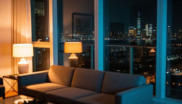 Modern waterfront apartment living room at night with city skyline view and ambient lighting