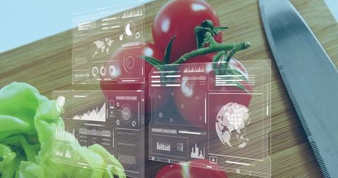 Vine tomatoes on wooden cutting board displaying augmented reality food data panels