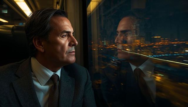 Midlife executive gazing through train window reflecting city lights, quiet contemplation