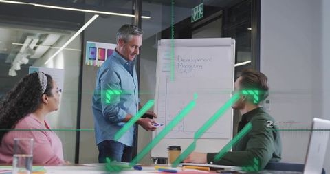 Senior executive presenting development and marketing strategy on flip chart during team meeting