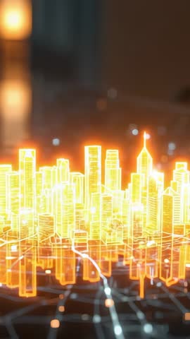 Vertical video showing holographic city model glowing with neon data particles and grid