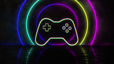 Neon Gamepad with Vibrant Circles in Futuristic Tunnel
