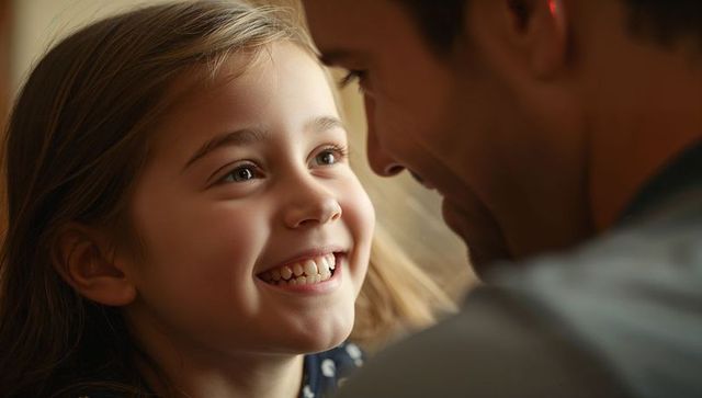 Dad and daughter smiling together in closeup tender moment of warmth and connection