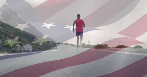 Man Running Along Road with Overlaid American Flag Motif