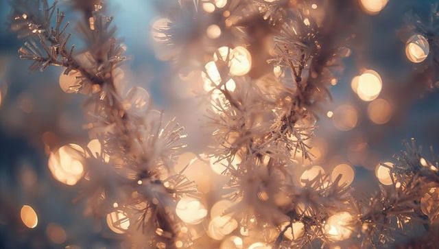 Glittering Frosted Branch with Warm Holiday Lights Bokeh