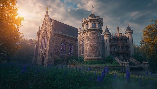 Gothic artistry of medieval stone manor at sunrise