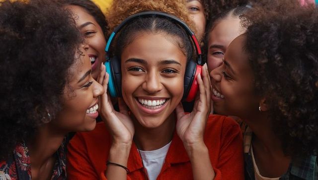 Teen enjoying music with friends wearing colorful headphones, laughing close-up portrait