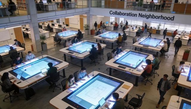 High-tech collaborative workspace with large touchscreen tables showing architectural plans