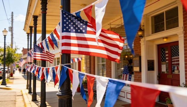 Waving american flags and bunting along small-town main street for fourth of july